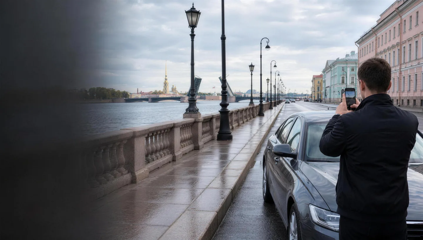 Набережная Невы в Санкт-Петербурге, разведённый мост и автомобиль у гранитного парапета